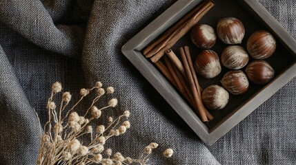 Chestnuts in a wooden box, on a dark textured fabric background, with decorative elements like dried flowers and cinnamon sticks