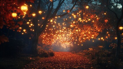 The image captures a serene nighttime scene where a winding path is illuminated by numerous hanging lanterns, casting a warm glow. Surrounding the path, vibrant autumn leaves in shades of red and oran