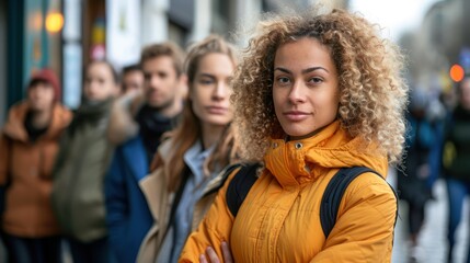 A group of job seekers standing outside an employment office, looking dejected and uncertain, capturing unemployment struggles