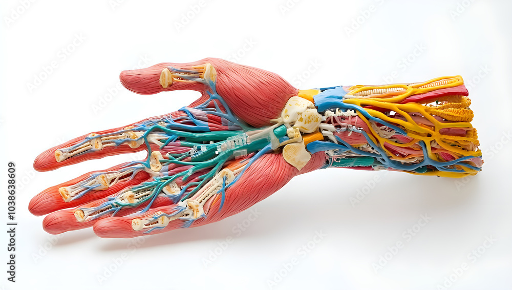 Anatomy Model of the Human Hand Showing Muscles, Tendons, Nerves, and ...