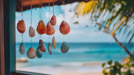 Canvas Print - Colorful seashell wind chimes hanging on a porch, with a soft-focus beach view in the background, evoking the sound of waves