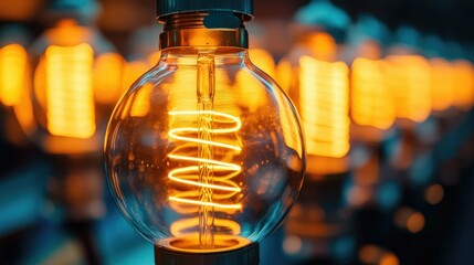 Curved row of retro light bulbs emitting a warm golden glow, close-up shot highlighting their classic filament design and warm ambiance.