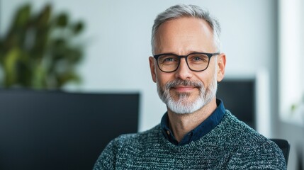 A smiling mature man with glasses sits in an office, conveying professionalism and approachability.