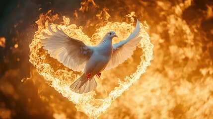 Canvas Print - Dove flying free from a heart-shaped fire, symbolizing rebirth and the triumph of peace over turmoil