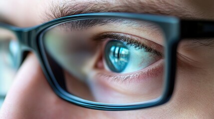 Eye behind glasses, with focus on the sharp vision through the lens and subtle light reflections on the glass surface