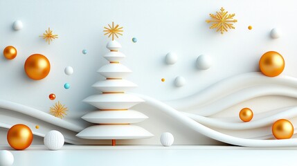 A whimsical holiday scene showcasing a charming minimalist Christmas tree adorned with cute gold and white decorations, surrounded by lively abstract geometric designs on a gentle pastel backdrop.