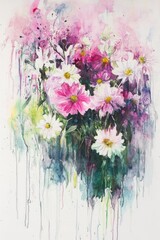 Wall Mural - A vibrant watercolor painting of blooming flowers in shades of pink and white.