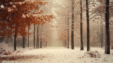 A serene winter landscape featuring a path bordered by trees. The ground is covered in a thick layer of pristine snow, while some orange and brown leaves cling to the branches of deciduous trees, offe