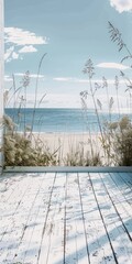 Canvas Print - Tranquil scene of a rustic wooden deck facing a peaceful beach and ocean under a clear sky, perfect for relaxation and escape.