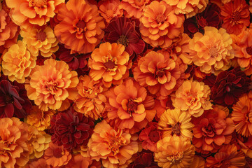 Beautiful orange and dark red marigold flowers background. Autumn or summer background.