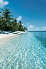 Canvas Print - Idyllic tropical beach scene featuring clear turquoise water, white sand, and lush palm trees under a vibrant blue sky.