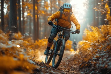 Mountain biker navigating a forest trail during autumn in the early morning light