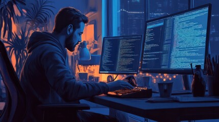 software developer and a man at computer for coding script or cyber security in office.
