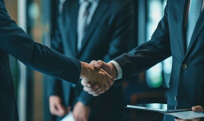 Business handshake between two people in formal suits. Concept of partnership, agreement, and corporate success.