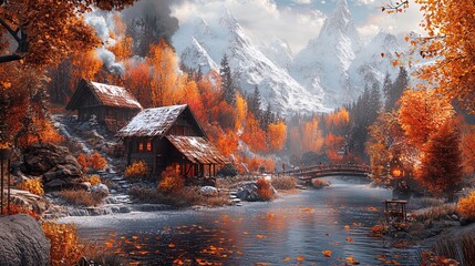 A serene autumn landscape featuring two rustic wooden cabins situated near a tranquil river. The surroundings are ablaze with autumn foliage, showcasing vibrant oranges, yellows, and reds. In the back