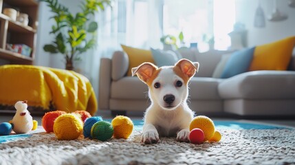 Wall Mural - a playful puppy surrounded by colorful toys in the living room