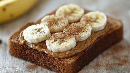 a slice of whole grain bread spread with almond butter, banana slices and cinnamon