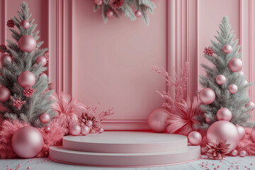 a pink background with two trees and a white pedestal