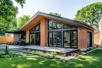 A modern L-shaped small house with a gable roof, featuring an open-plan kitchen and living area on one side, set against brick walls, black windows, grey steel cladding, and sliding doors for natural 