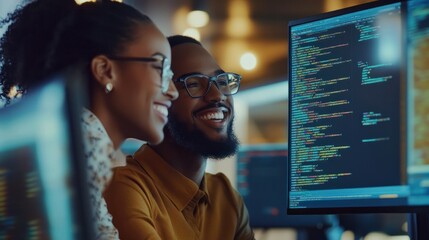 Two beautiful African American programmers, one wearing eyeglasses, are smiling and laughing while coding on multiple screens in their office. They are looking at the computer screens