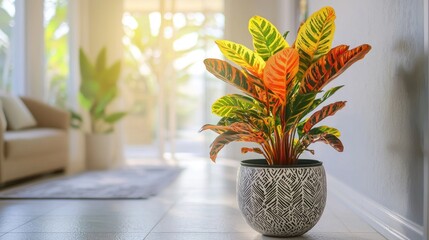 Croton plant displayed in a decorative pot in a bright hallway, enhancing the space with its vibrant foliage.