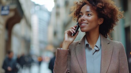 Walking, city or happy businesswoman on a phone call talking, networking or speaking in travel. Mobile communication, chat or biracial female entrepreneur in conversation, discussion or negotiation