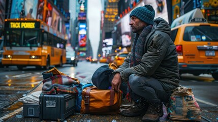 A homeless man sitting with his belongings on a busy city street, representing the harsh realities of urban poverty