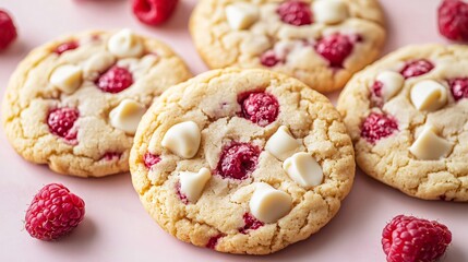 Poster - Raspberry white chocolate chip cookies, isolated on a light pink background, with fresh raspberries and white chocolate curls for decoration