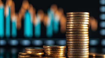 a stack of golden coins in the foreground, with a blurred background showing a financial graph or stock market chart. The overall composition suggests themes of finance, investment, and economic grow