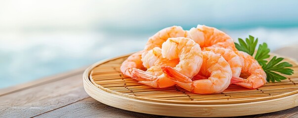 Juicy shrimp served on a woven platter with a scenic ocean backdrop, perfect for a fresh seafood dish.