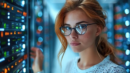 Poster - Woman working in information technology. in a high-tech office environment