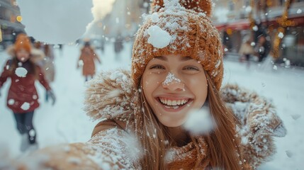 Poster - Group of Friends playing snowballs and having fun outside in the winter weather.