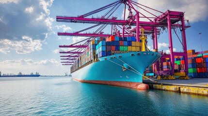 A massive container ship docked at a port, with cranes unloading colorful cargo containers.