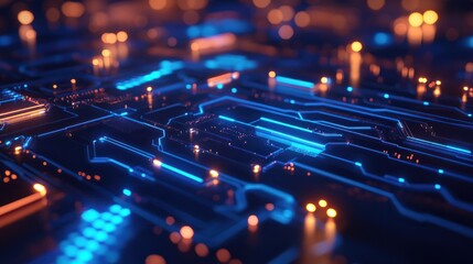 Poster - abstract blue circuit board with glowing lights technology background