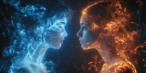 Leinwandbilder - The silhouettes of a young man and a young woman in a black digital void. young man is outlined by blue crackling energy. young woman is bathed in fire.