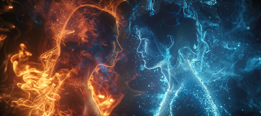Leinwandbilder - The silhouettes of a young man and a young woman in a black digital void. young man is outlined by blue crackling energy. young woman is bathed in fire.