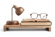 © chutikan - A minimalist reading desk with a closed book, glasses, and a desk lamp isolated on white