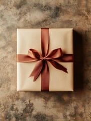 Canvas Print - This large gift box, wrapped in neutral paper, is adorned with a matching ribbon and placed on a soft textured background, inviting curiosity. Generative AI