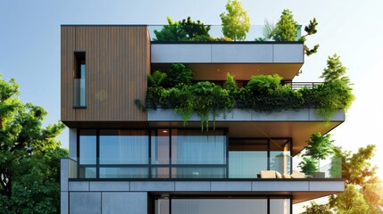 This is an image of a stylish and modern eco-friendly house with lush greenery on the roof and balconies, promoting sustainable living