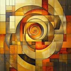 Aufkleber - A vibrant composition features a golden spiral intricately interlaced with geometric shapes in hues of yellow and orange. Generative AI