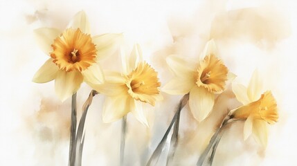 Wall Mural - A serene watercolor painting of daffodils in soft hues.