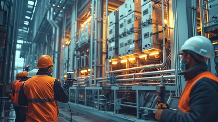 Aufkleber - A group of electricians at a power plant installing new panels, tool parts and equipment.