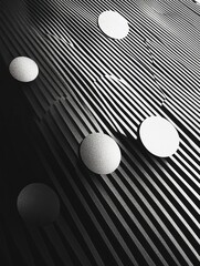 Sticker - A collection of large and small circles is scattered across a diagonal grid, creating a striking abstract geometric composition in monochrome. Generative AI