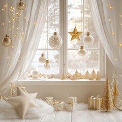 Wall Mural - background with christmass decoration. white and gold style