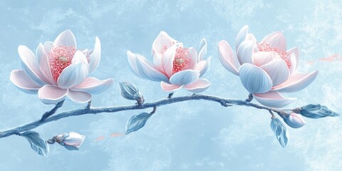 Wall Mural - A serene illustration of three blooming flowers on a branch against a soft blue background.