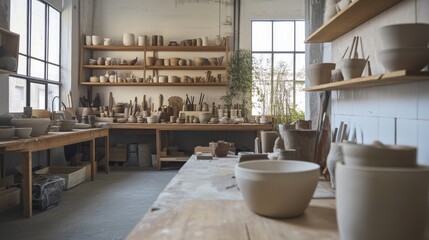 Wall Mural - A tranquil pottery workshop bathed in natural light, Clay and sculpting tools arranged on workbenches, Minimalist artisan style