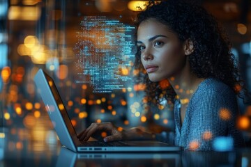 cybersecurity concept of laptop, code hologram and woman thinking of data analytics, information tec