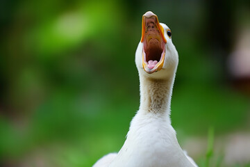 close-up of a white goose honking loudly with beak open against a green natural background