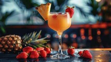 Poster - Cocktail with pineapple and strawberries next to the glass.