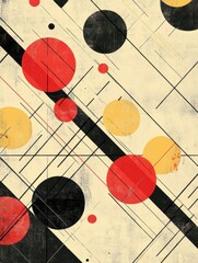 Poster - Large and small circles are dispersed along a diagonal line grid, creating a dynamic and modern abstract geometric composition. Generative AI